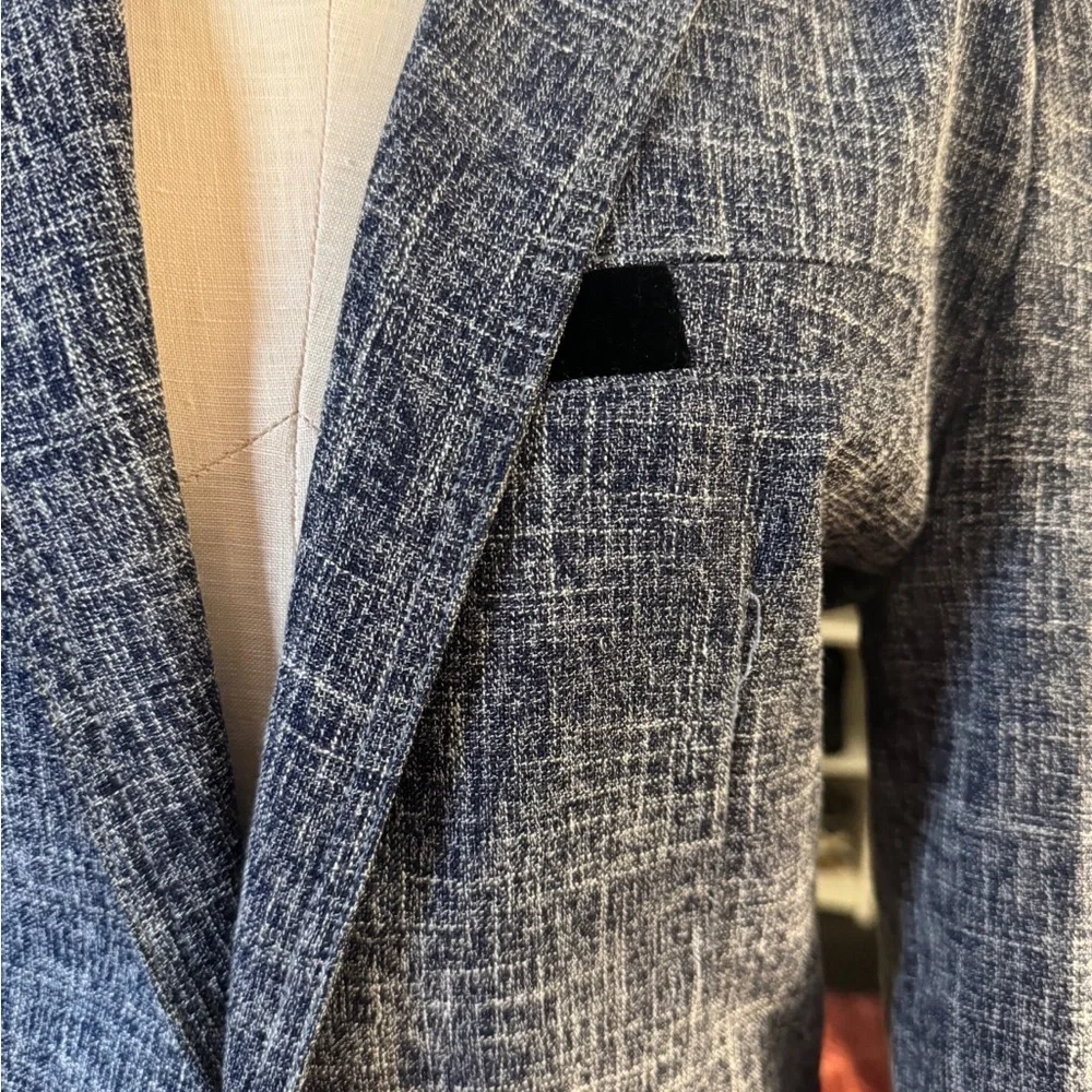 Boutique Tweed Blazer Navy Black Velvet Trim Tailored Career Jacket Size 6